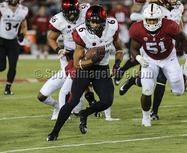 20180831SanDiegoatStanford-12.JPG - San Diego State wide receiver Tim Wilson Jr. (6) catches a third quarter pass for 21 yards during an NCAA football game against the Stanford Cardinal in Stanford, Calif. on Friday, August 31, 2017. Stanford defeated San Diego State 31-10. 